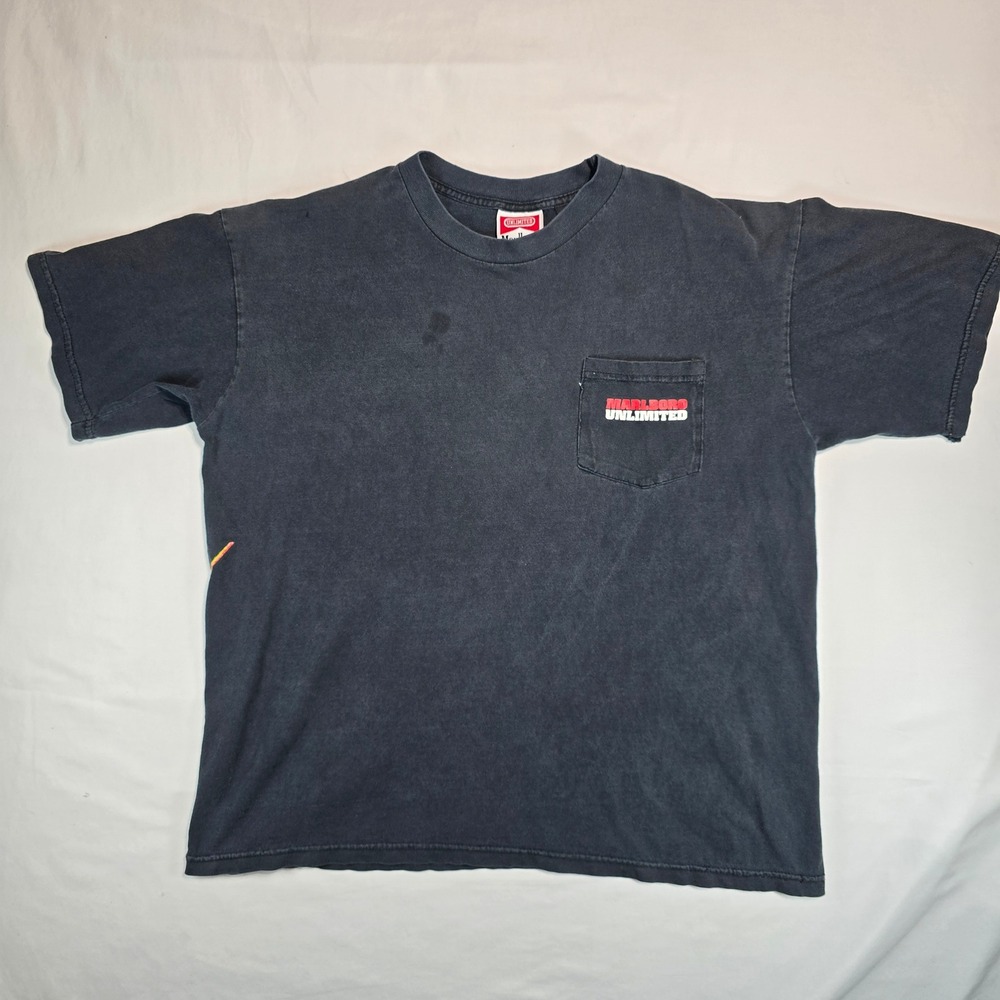 Vintage Marlboro Unlimited Lizard Pocket T-Shirt Faded Black 90s Promo XL